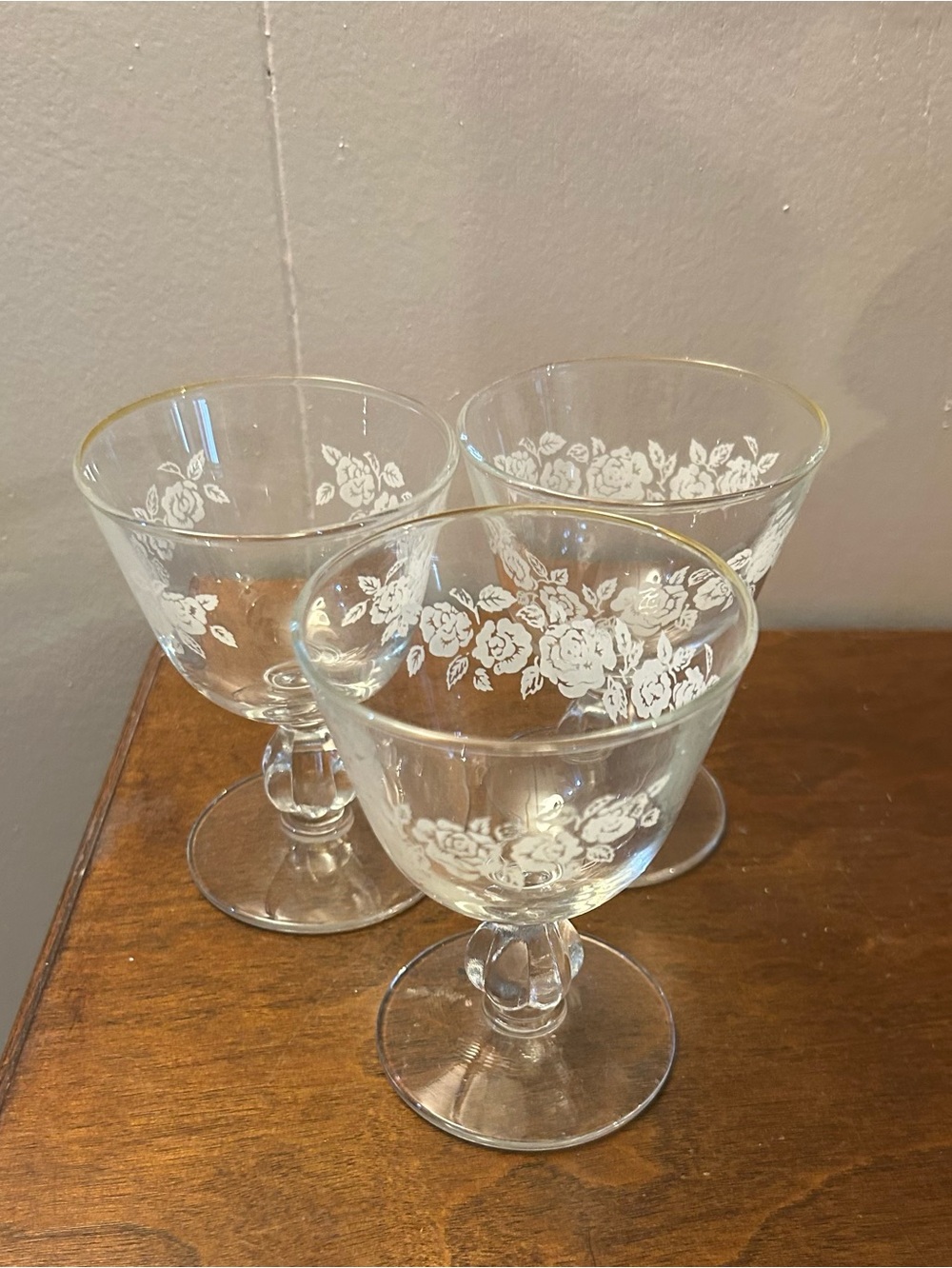 Vintage Etched Rose Glass Dessert Goblets - Clear